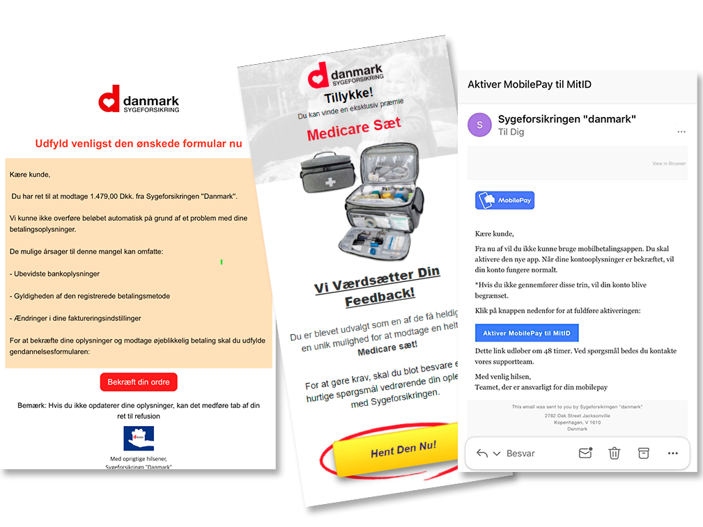 Billedet viser eksempler på falske mails
